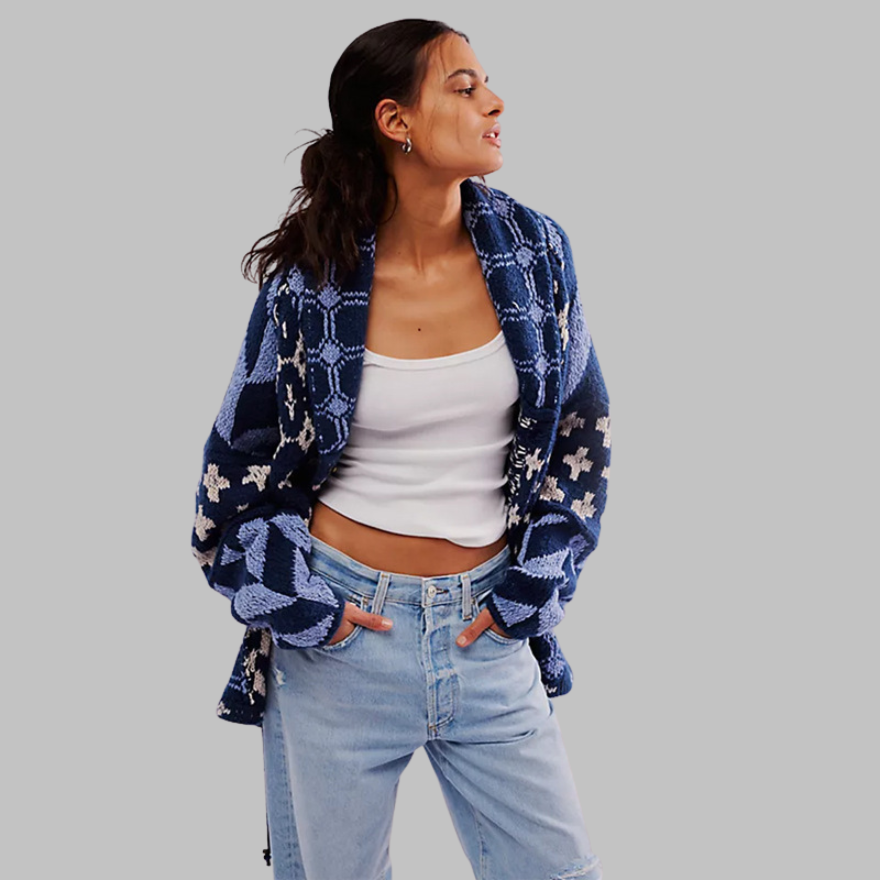 ESTERA | VINTAGE OVERSIZE CARDIGAN S GOMBÍKMI, DLOUHÝMI RUKÁVMI A KOŠEĽOVÝM GOLIEROM